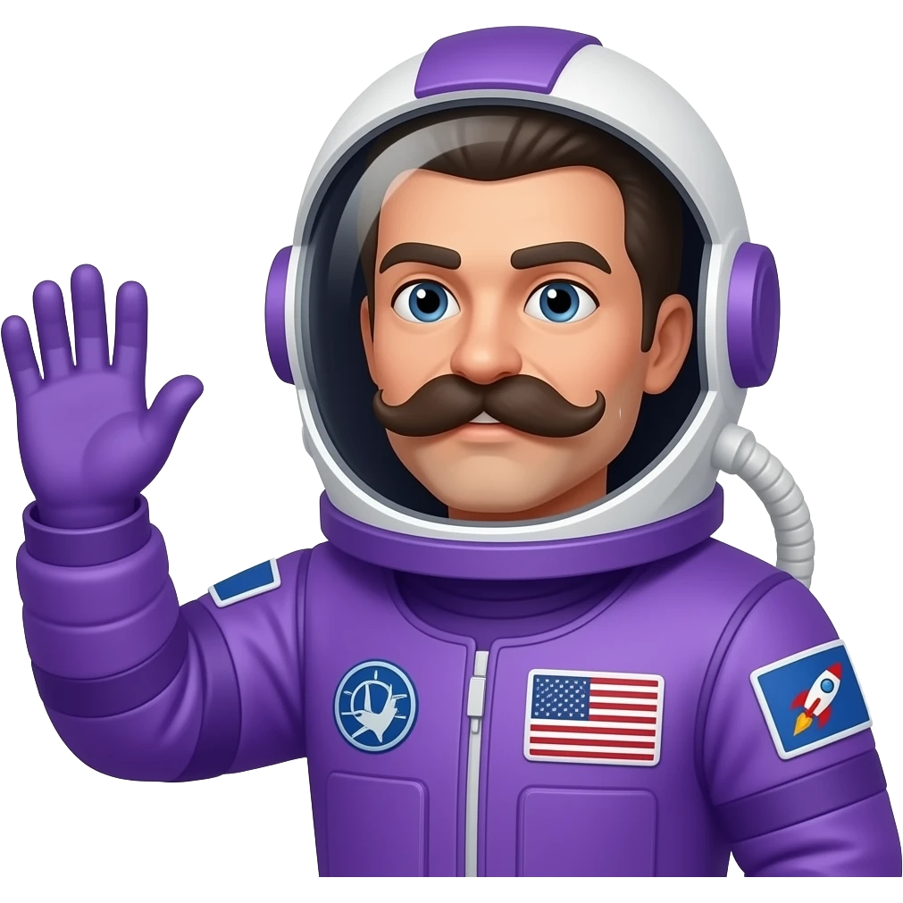 Emoji de um astronauta meio roxo dando saudação para alguém. A bandeira no braço precisa ser algo comoo simbolo da rocketseat Mas é preciso que seja um astronauta de bigode , bigodão e o traje roxo mesmo, Não tenha simbolo na roupa Seja só o busco do astronauta. Só do peito para cima emoji