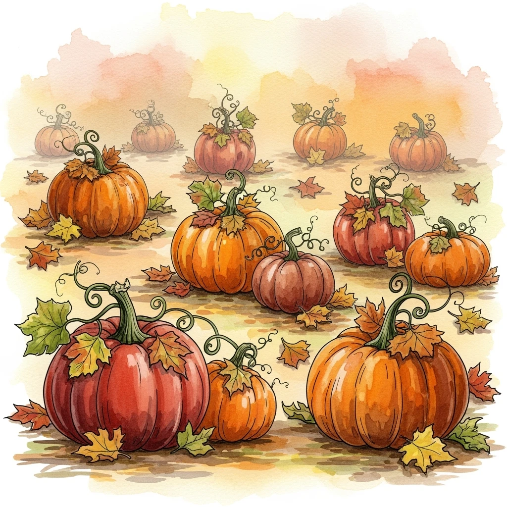 autumn pumpkin patch illustration, large pumpkins with leaves and vines, rustic style, orange and earthy tones, watercolor texture background emoji