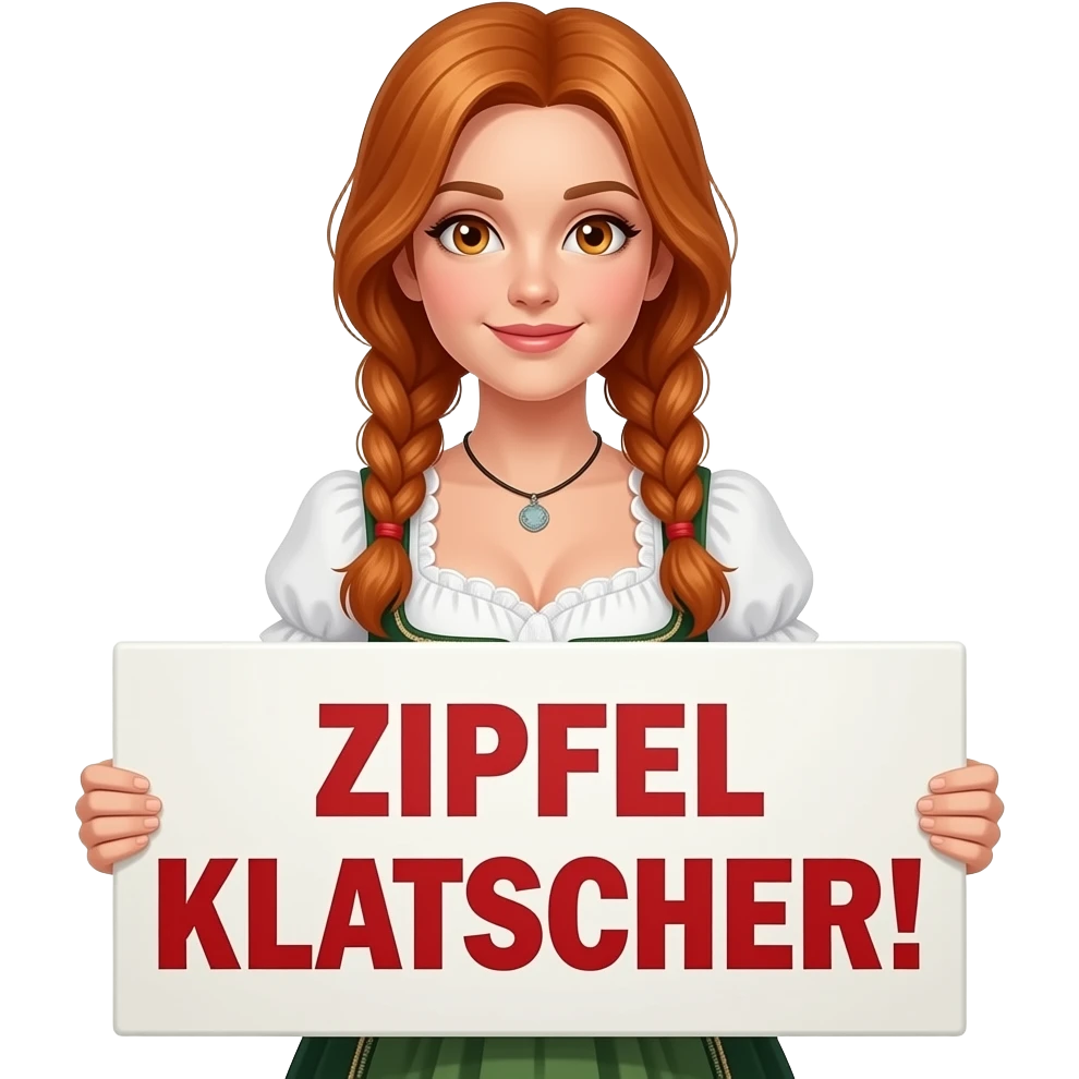 sexy girl with overlong ginger hair in braids and ginger eyes wearing a dirndl holding a ZIPFEL KLATSCHER! sign emoji