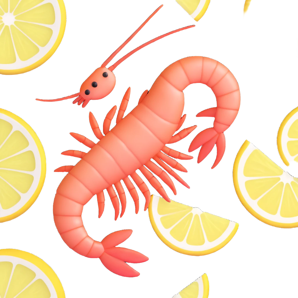 realistic shrimp with lemon slice, 3D emoji style emoji