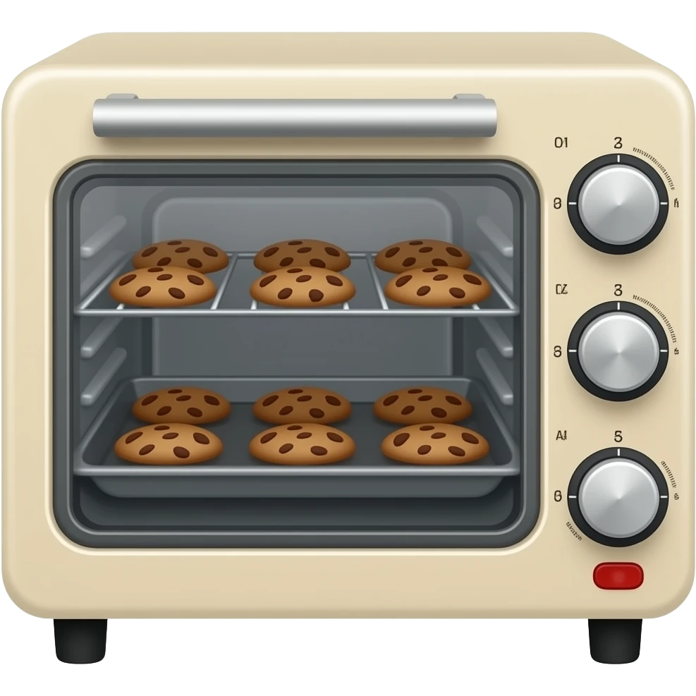 ​الفرن: فرن كلاسيكي صغير (بيج اللون) بداخله صواني تحتوي على بسكويت بالشوكولاتة قيد الخبز. emoji