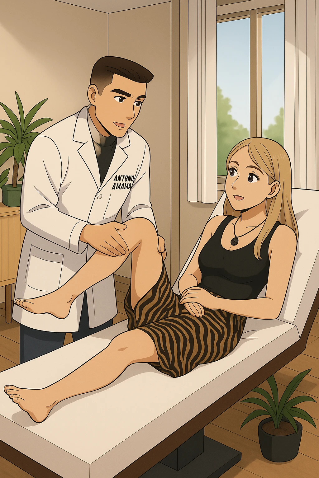 fai un webtoon/manga a colori con questo kinesiologo in camice bianco (fagli la scritta "ANTONIO ANANIA" SUL CAMICE) CHE SVOLGE UN TEST NEUROMUSCOLARE SOLLEVANDO UNA GAMBA ALLA RAGAZZA CHE è STESA SU UN LETTINO BIANCO. STANZA SEMPLICE E MODERNA, DURANTE IL TEST I DUE DIALOGANO TRA LORO. NON FARE I FUMETTI, FAI SOLO LORO COME SE DIALOGASSERO emoji