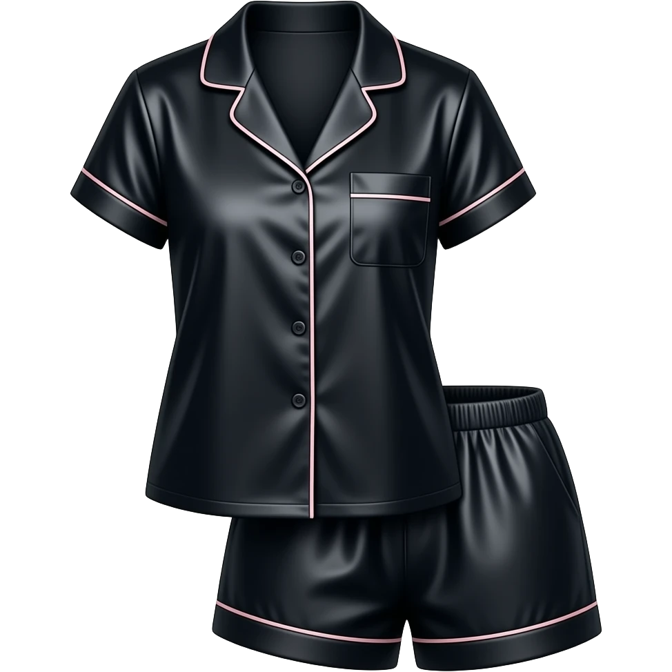 black satin female pajama top & shorts set with light pink lines emoji