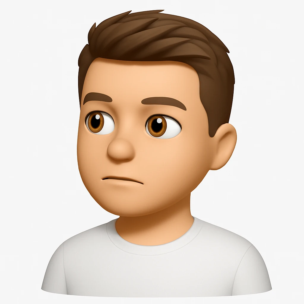 Based on these photos, make an emoji with facial features preserved, a man in a white T-shirt, looking into the distance emoji