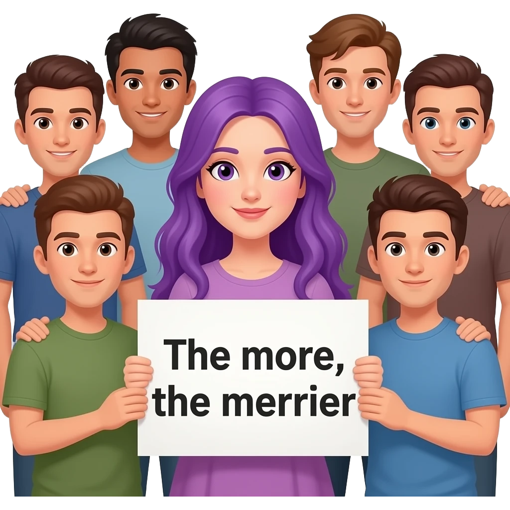 girl with long purple hair with a REVERSE HAREM because the more THE MERRIER sign emoji
