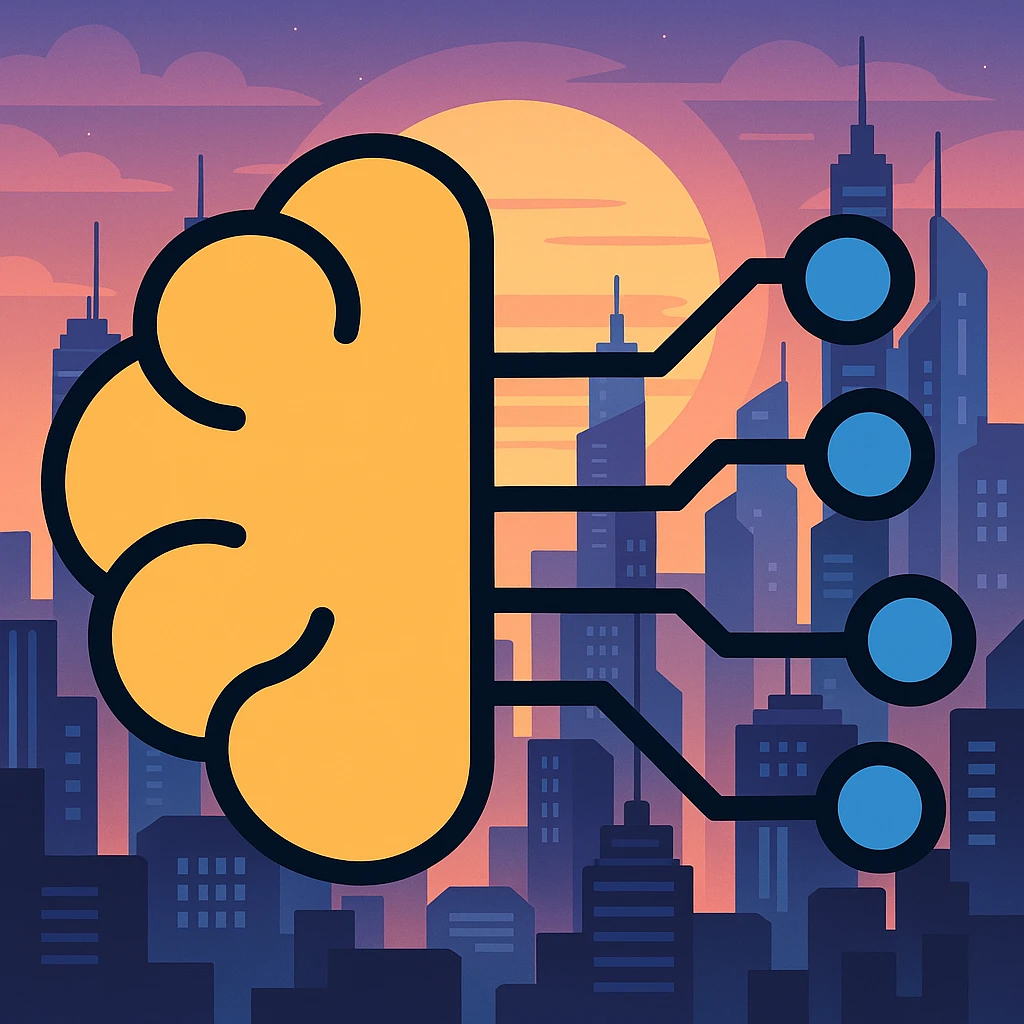 Add a futuristic city background, keep the brain with circuit lines as the main subject, maintain color outline style emoji