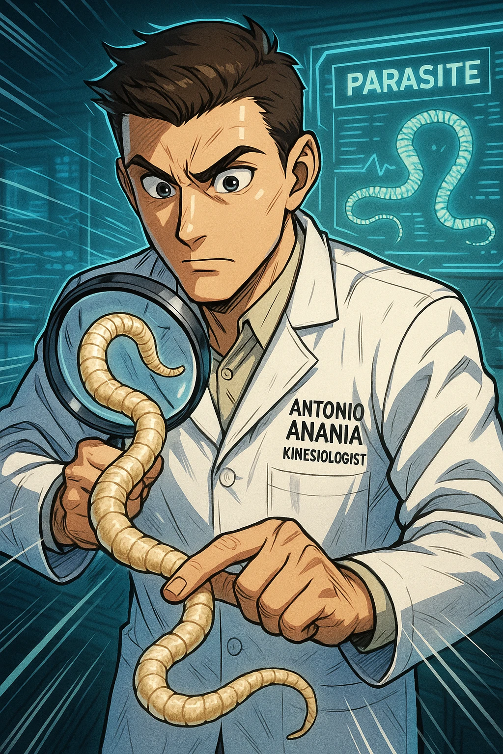 A dynamic manga/webtoon-style illustration of a young male kinesiologist wearing a clean white lab coat, analyzing light beige worms like a tapeworm under a magnifying glass. His expression is focused and slightly intrigued, with sharp, detailed eyes. The art style is vibrant, with bold linework, rich colors, and dramatic lighting. The background is a futuristic laboratory with glowing holographic screens displaying parasite data. The tapeworm is intricately drawn, slimy and segmented, with a slightly exaggerated yet realistic texture. The composition is dynamic, with motion lines or energy effects to emphasize his scientific investigation. The atmosphere is intense but not dark, keeping a balance between scientific seriousness and stylish manga aesthetics, he has "ANTONIO ANANIA" WRITTEN ON WHITE LAB COAT emoji
