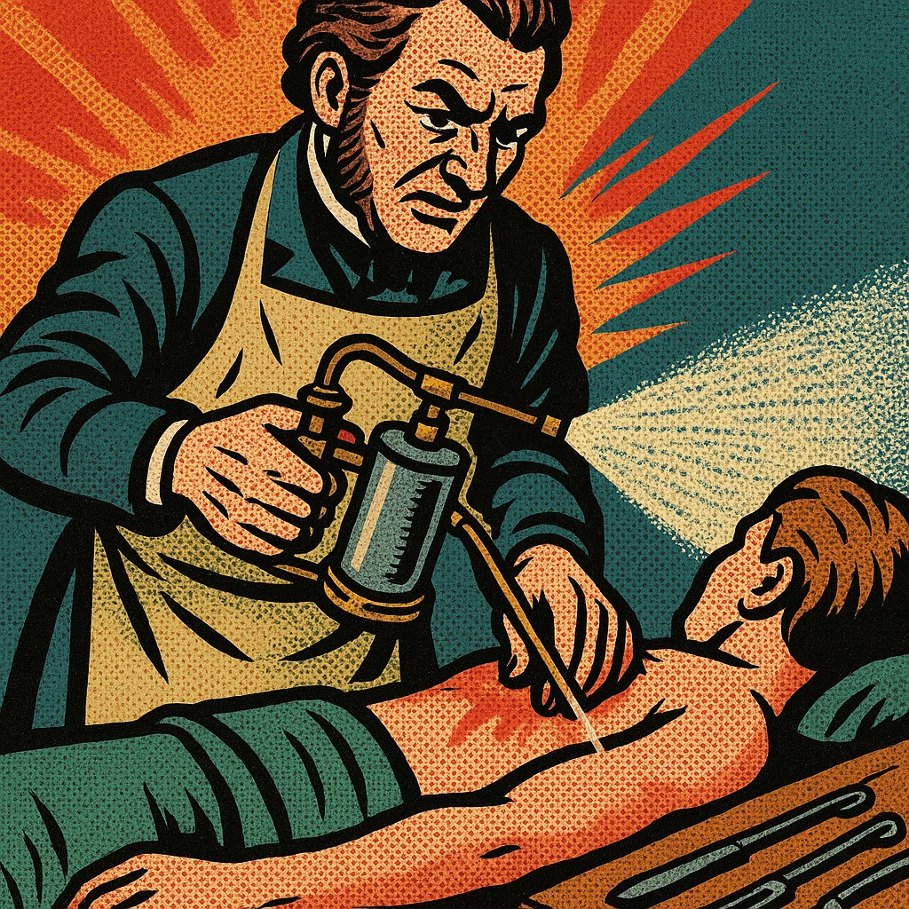 A victorian surgeon like Joseph Lister using a carbolic acid spray during an operation on a patient's arm. The spray is being aimed at the arm being operated on. The patient is on a wooden operating table. There are surgical tools on a bench to the side. emoji