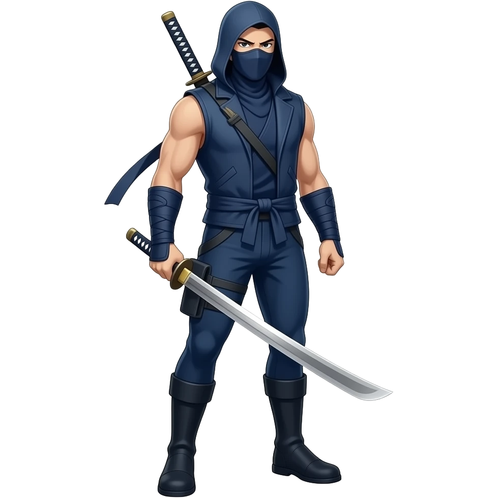 Anime ninja dark blue sleeveless hood sword in the back dark blue pants and dark blue boosts dark blue masks look superstrong very tall full body emoji