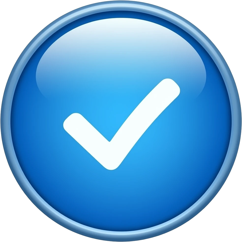 A glossy blue verification badge icon, circular shape with a bright blue gradient, featuring a white checkmark in the center, minimalistic and modern design, high resolution, soft shadow, clean edges, social media style, similar to Instagram verification badge, 3D look, vibrant colors emoji
