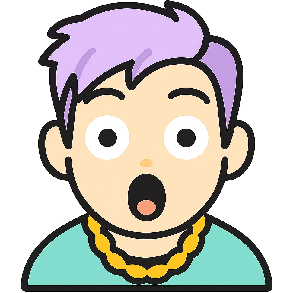 Edit the emoji to have pastel tone colors, add a gold chain necklace as an accessory, and give a surprised expression. The style should be minimalistic with bold lines, bright colors, and playful, resembling an emoji style with no background. emoji