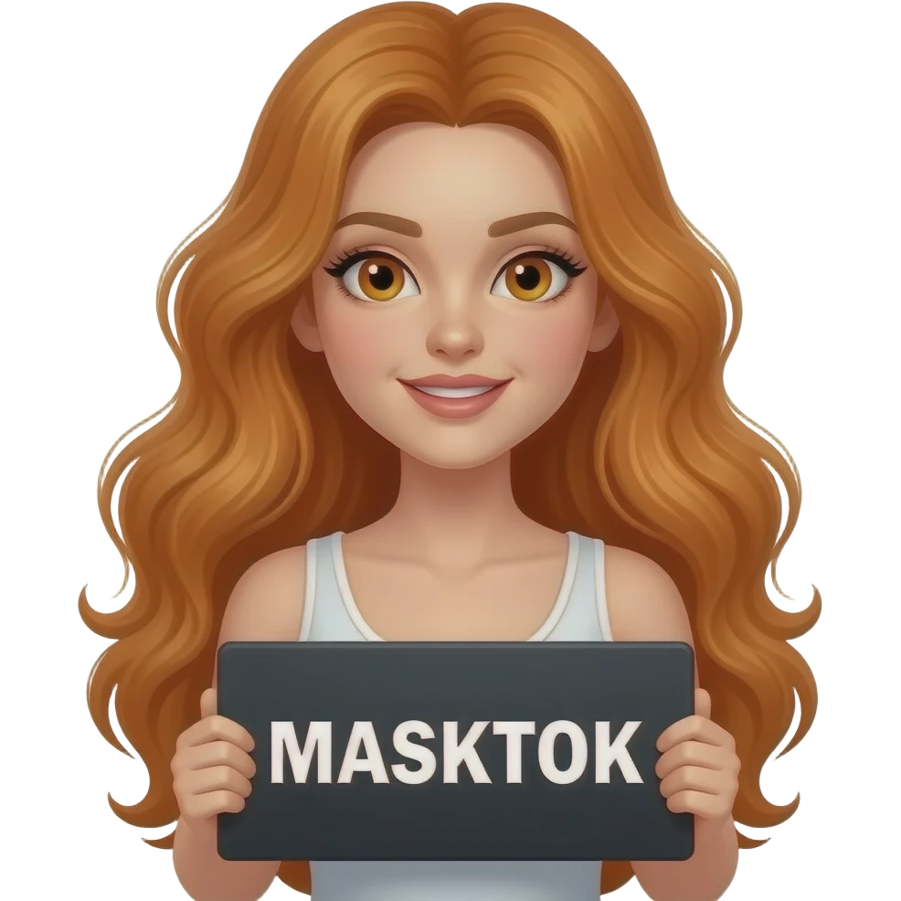 sexy girl with long wavy ginger hair and ginger eyes wearing a white tanktop is holding a black colored sign with MASKTOK written on it emoji