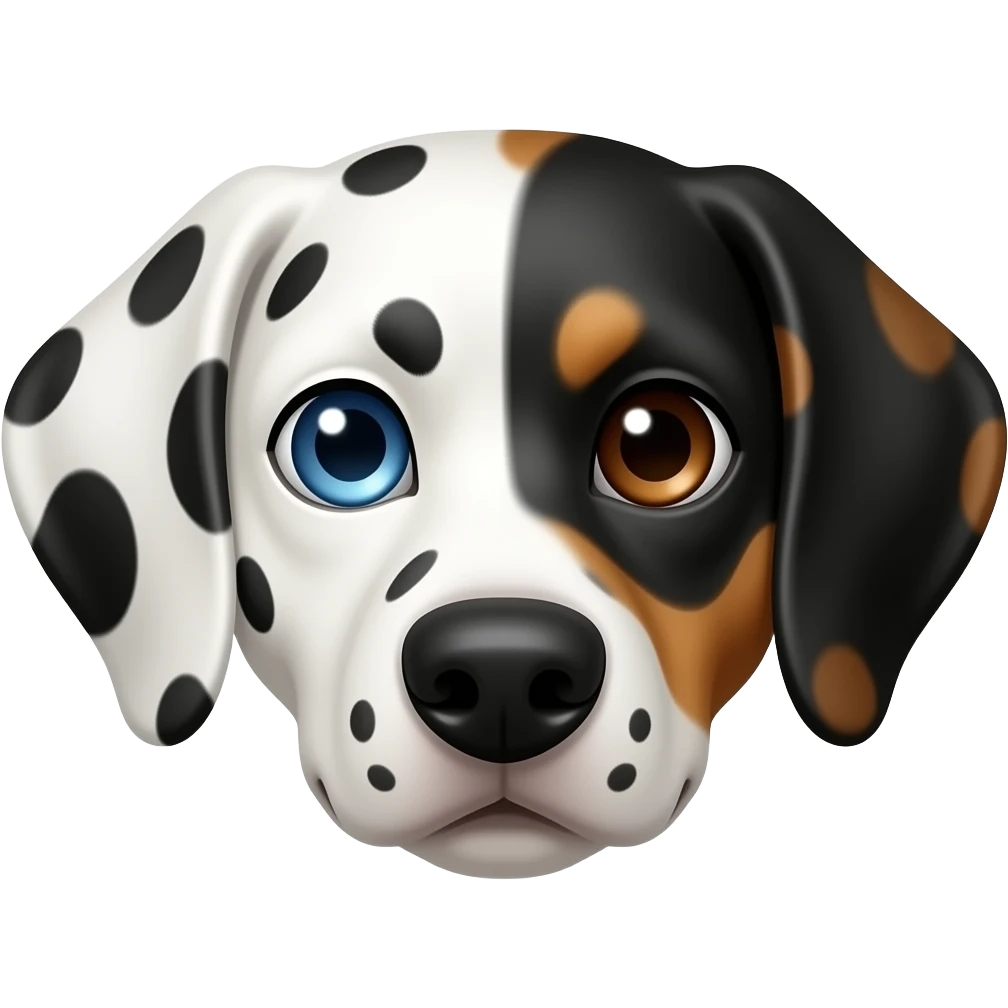 Dalmatian beagle mix dog with one ice blue eye and one brown eye. Face is one part white and one part black brown. Both ears are black brown emoji