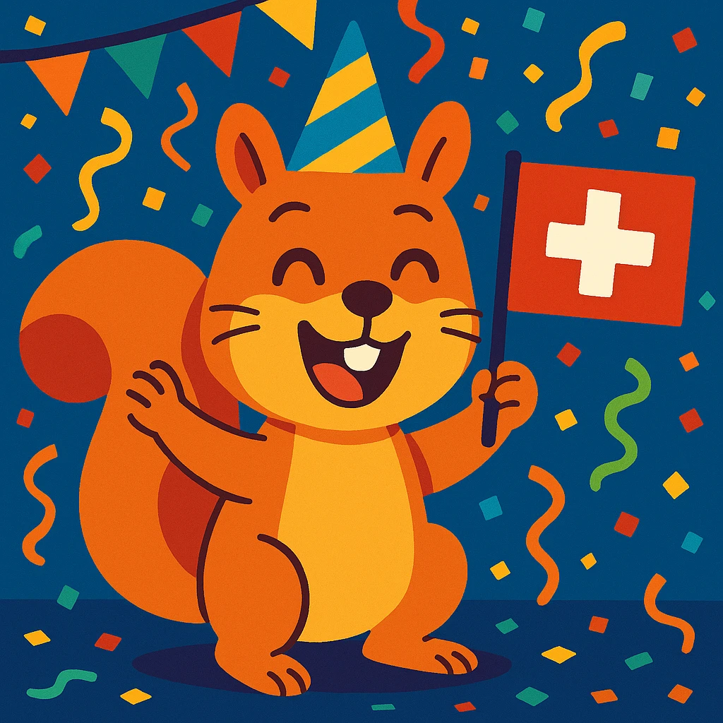 happy squirrel at a party, confetti everywhere, proudly displaying a Swiss flag, fun and energetic emoji