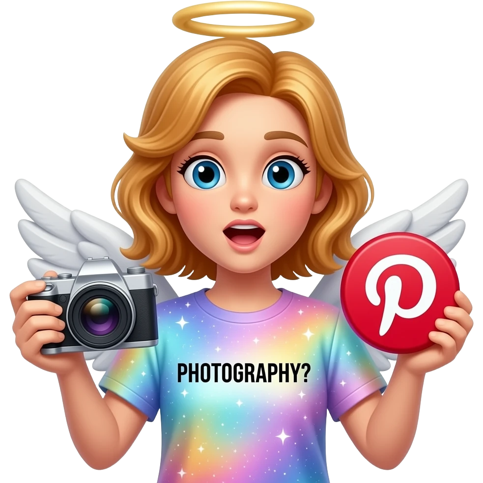An ethereal blue eyes, glowing amber hair, angel, hand made of starlight holding a crystalline Pinterest logo on the right hand, a camera on the left, surprised, pointing at icon. A black decorative text: 'PHOTOGRAPHY?' on center of t-shirt. Glowing nebula colors, isolated on white, bold 3D icon emoji