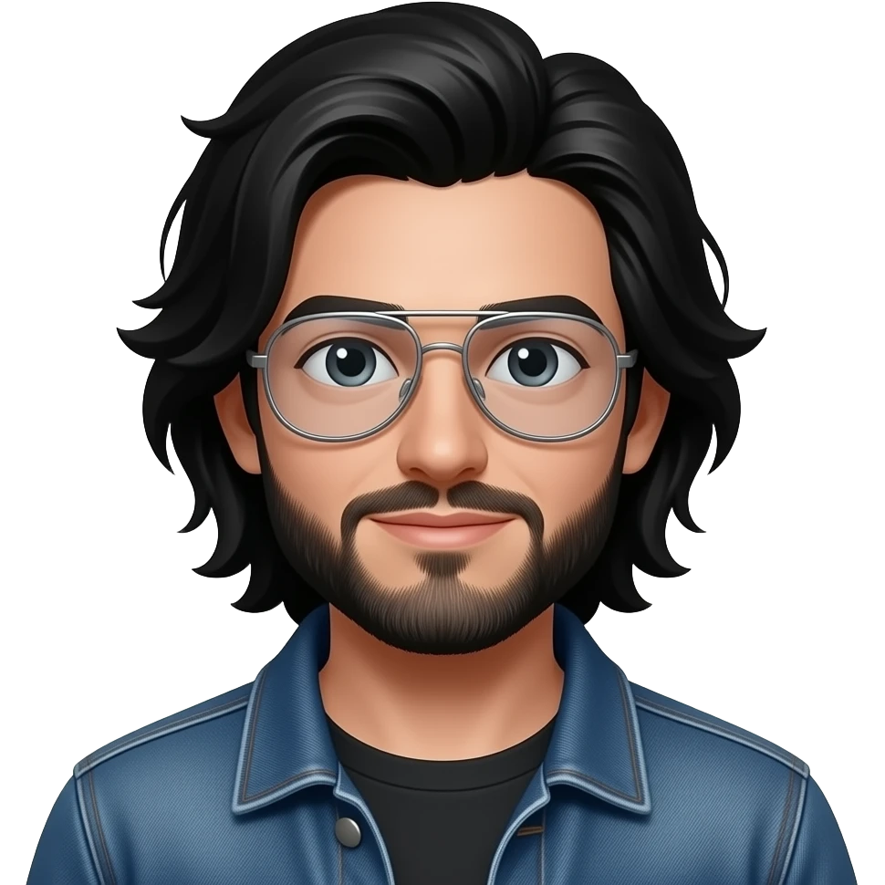 white male black long hair, aviator glasses with clear lines, short black beard in jean jacket emoji