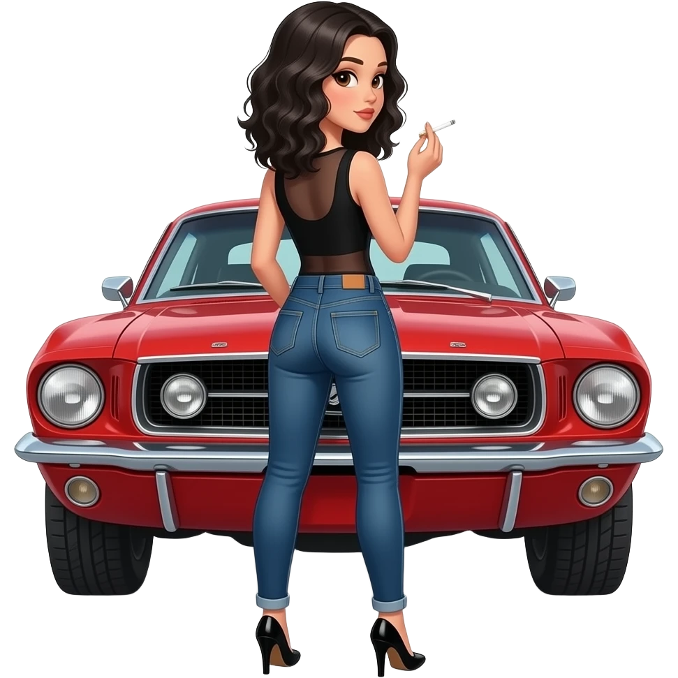 Pale girl with black wavy hair and brown eyes backed against a red ford mustang 1968 coupe. Girl wearing a sheer black sleeveless top, low rounded neckline, jeans and heels with visible toes. smoking cigarette. emoji