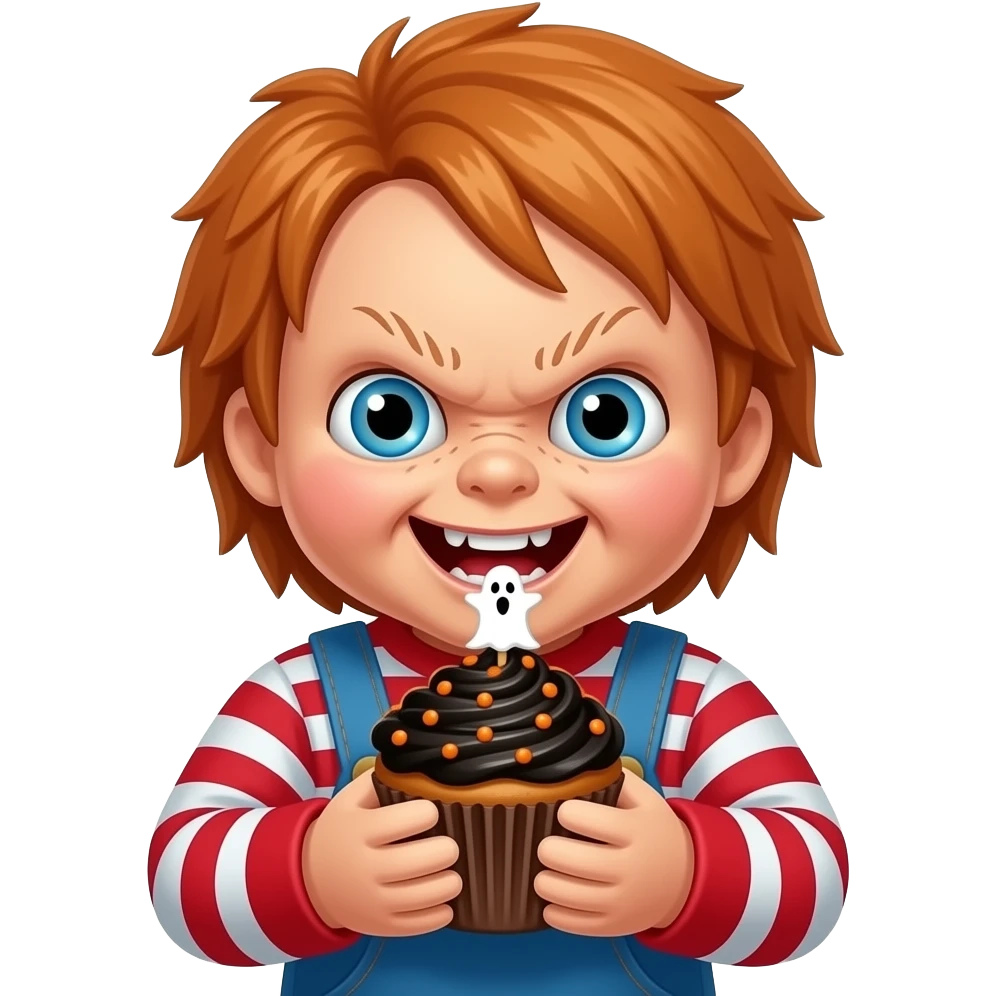 Chucky eating a Halloween cupcake emoji