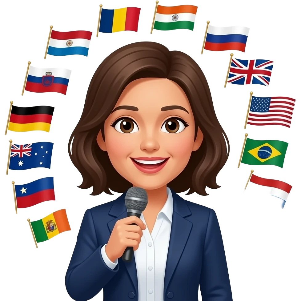 woman speaking all languages with flags emoji