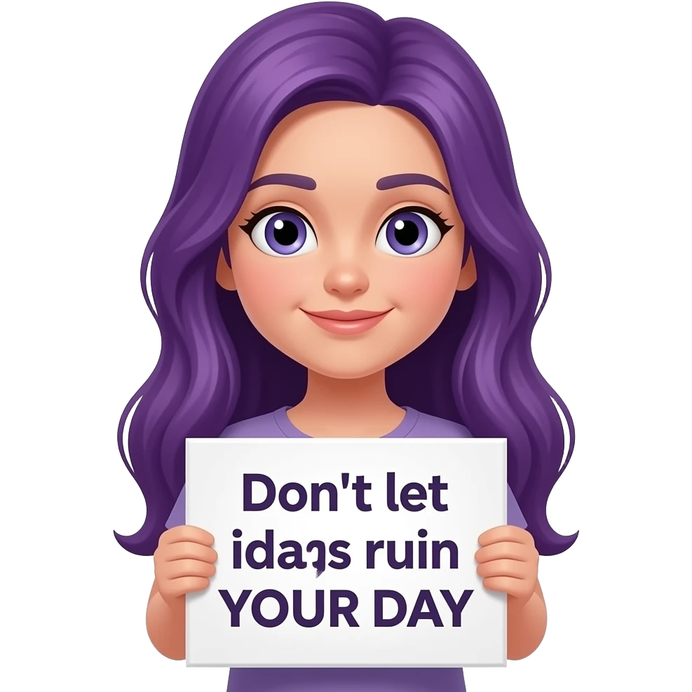 girl with long purple hair holding a Don't let idiots ruin YOUR DAY sign emoji