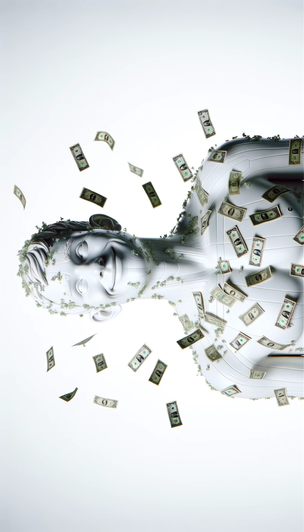 corpo umano anatomico sereno e felice con banconote sparse appiccicate sul corpo, espressione stupita, iperrealistica 4k, isolato su sfondo bianco emoji