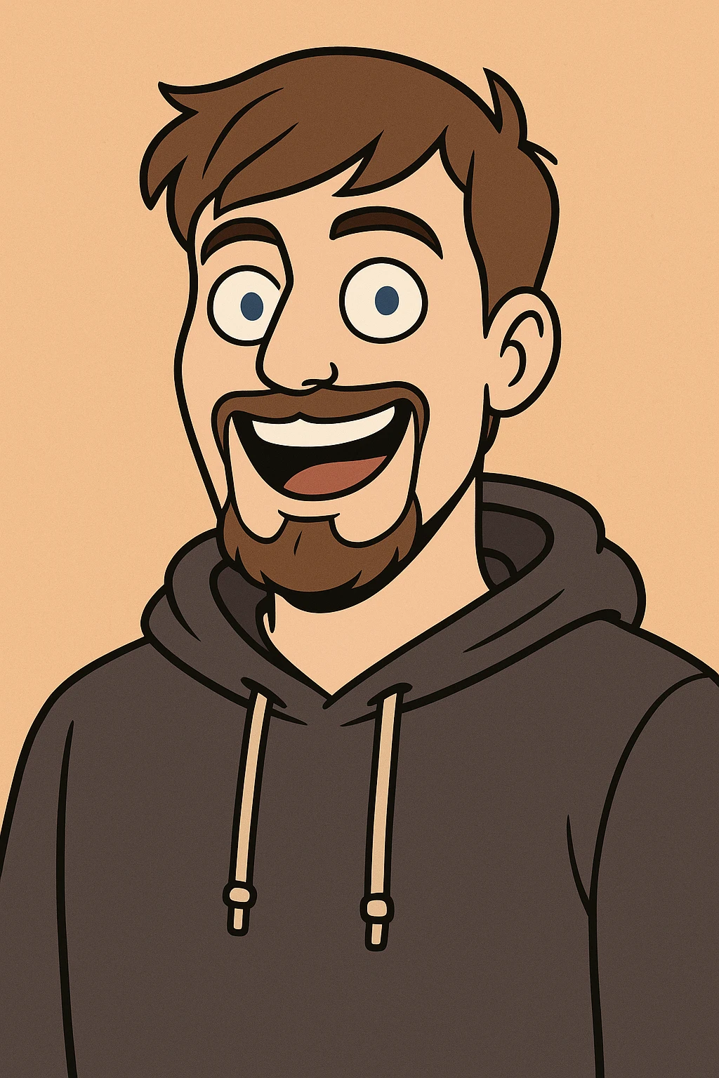 cartoon portrait of MrBeast, smiling, brown hair, blue eyes, casual hoodie, energetic expression, YouTuber vibe emoji