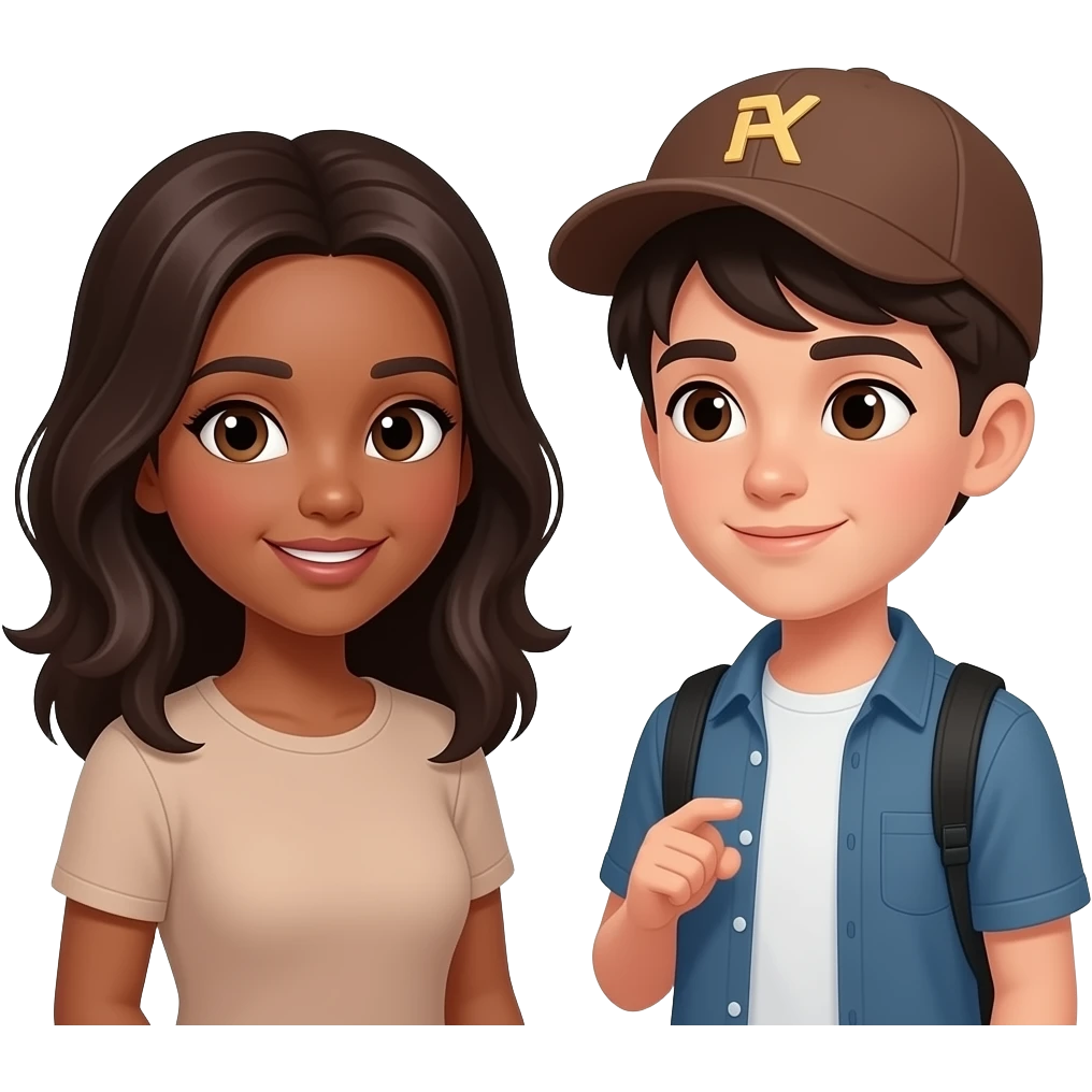 mujer cabello oscuro y piel morena,ojos marrones + adolescente varon con gorra ,piel morena, pelo oscuro, conversandon emoji