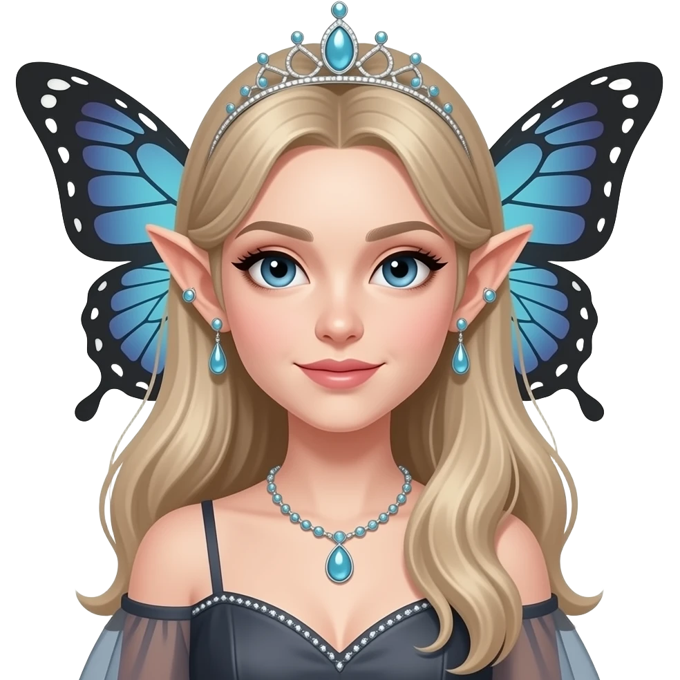 Cottagecore shiny gorgeous realistic sweet beautiful romantic aesthetic vogue super model anime lady with elvish butterfly-ears, dress, necklace, tiara, ear cuffs emoji