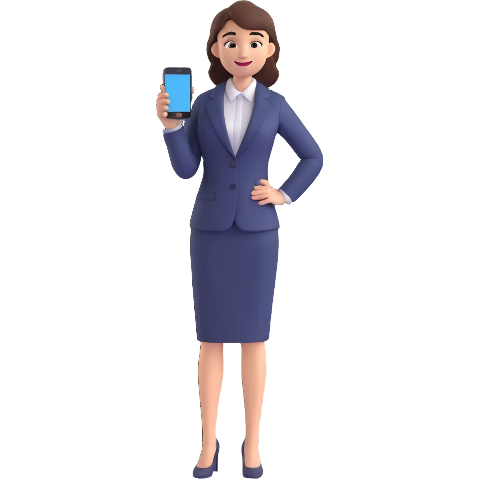 3D image of a professional woman in a suit, standing, smiling, using her phone, friendly expression emoji