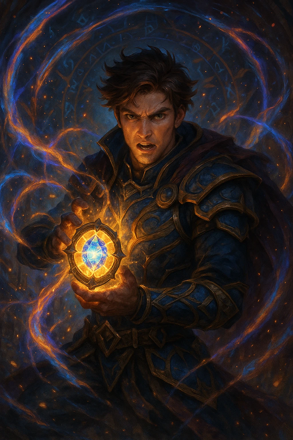 A fantasy system style protagonist, with a magical artifact, dynamic pose, surrounded by swirling magical energy emoji