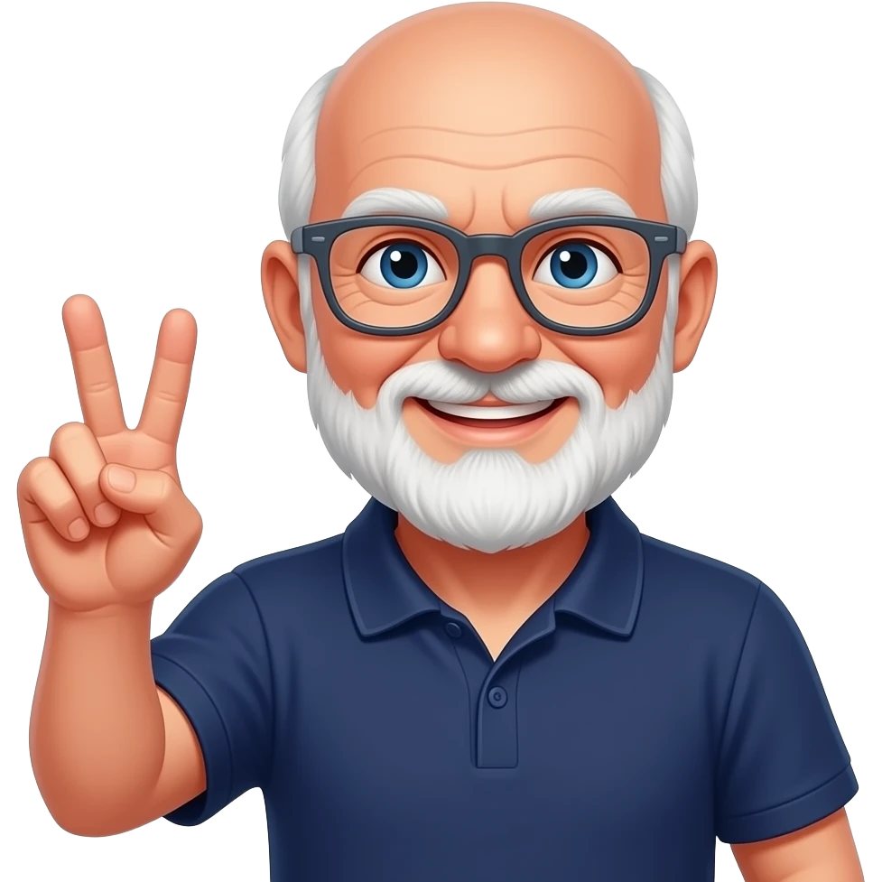 skinny old bald man with white beard with red tint, blue eyes, dark gray glasses, making peace sign, navy polo shirt, smiling emoji