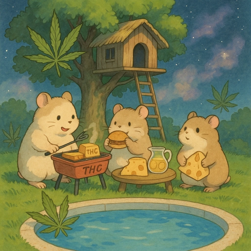 Discord server icon, square format, summer pool cookout scene with up to 3 hamsters, weed leaves, cheese, and THC theme, near a treehouse, possibly in space, ghibli style, soft dreamy colors, nostalgic, fun, inviting, summer party vibe, clear composition, less vibrant colors emoji