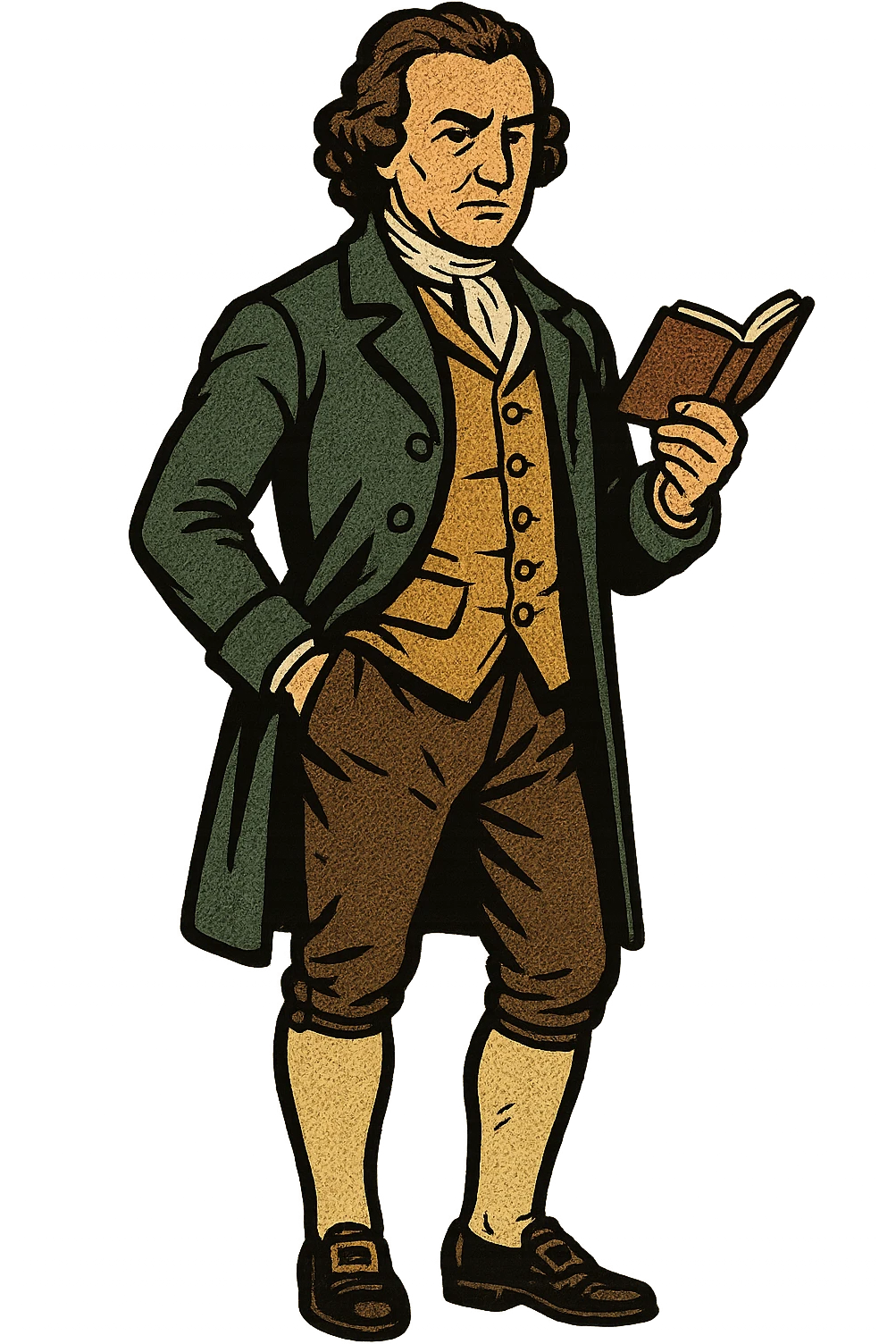 The full body of a male English surgeon from the 1700s holding a small notebook with his other hand in his pocket emoji