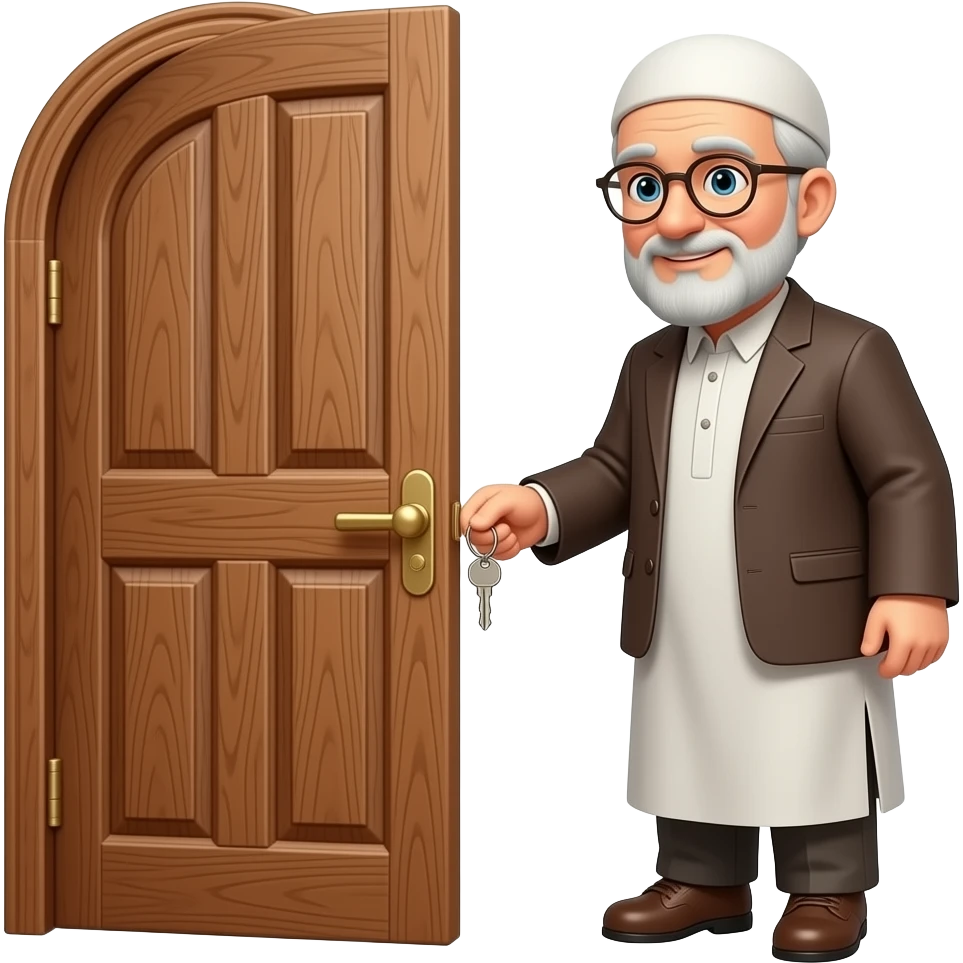 пожилой мужчина мусульманин с ключами подходит к деревянной двери emoji