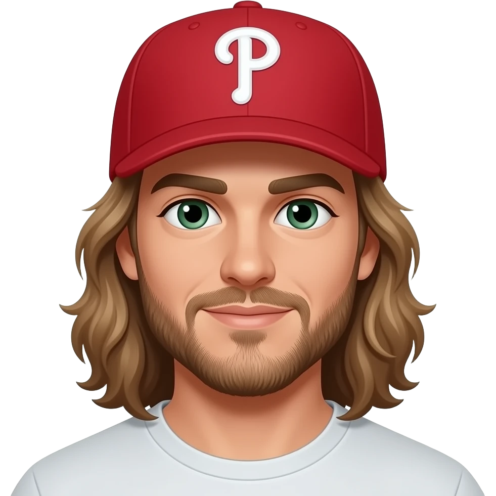 Red Phillies hat Long hair Brandon Marsh Phillies hat Light Brown long hair with scruffy long beard and green eyes emoji