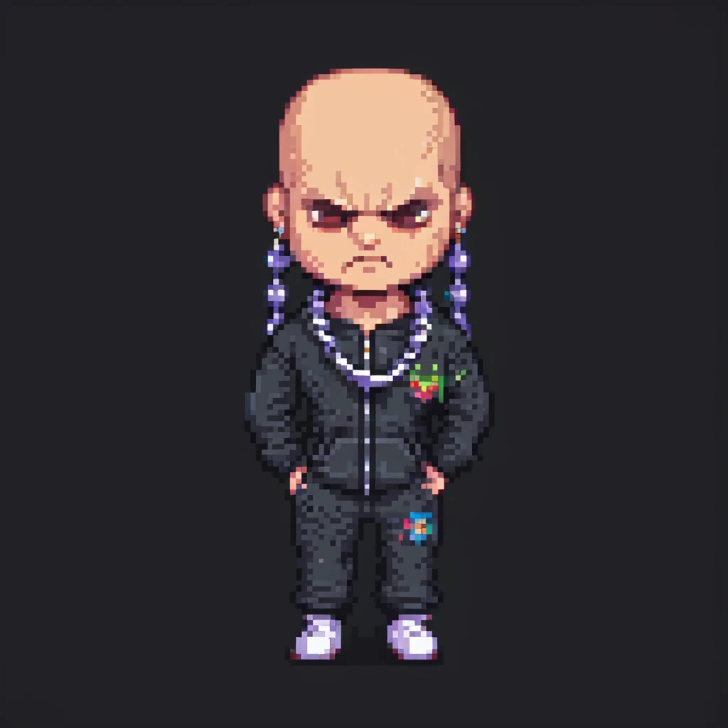 Pixel art thug in tracksuit, holding chain in Hand, bald head, angry expression, side view, retro arcade sprite
 emoji