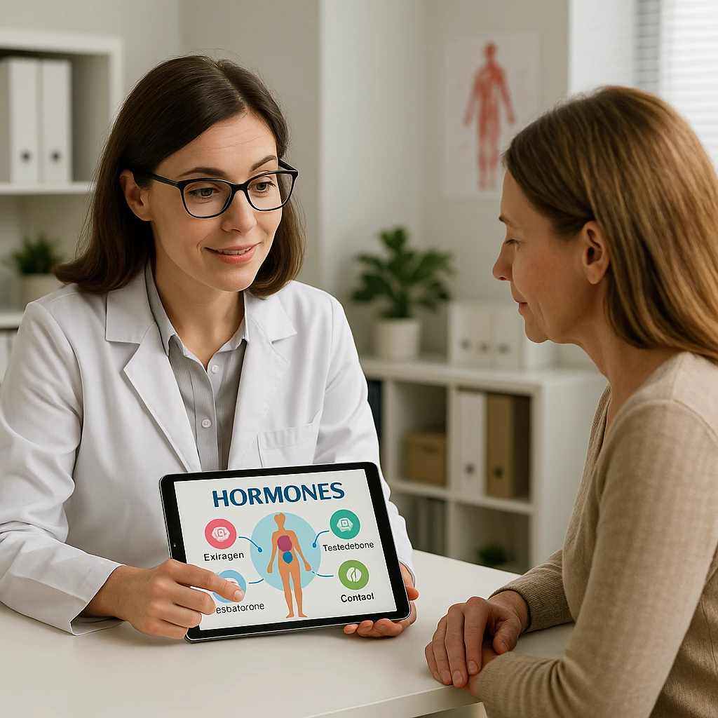 woman consulting an endocrinologist, both looking at hormone chart on tablet, supportive and professional atmosphere, realistic details, medical office background emoji