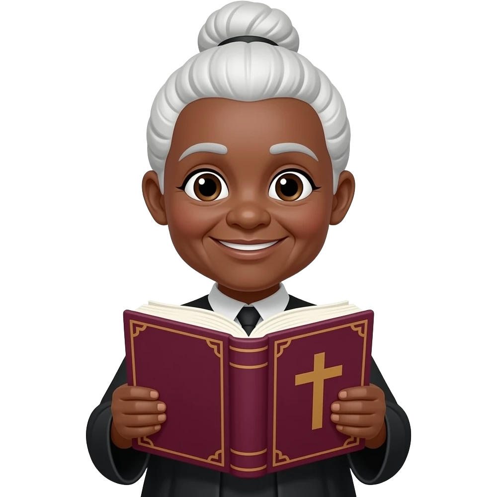 wise old woman with white hair in a bun black skin warm with burgundy book that has a cross on it emoji
