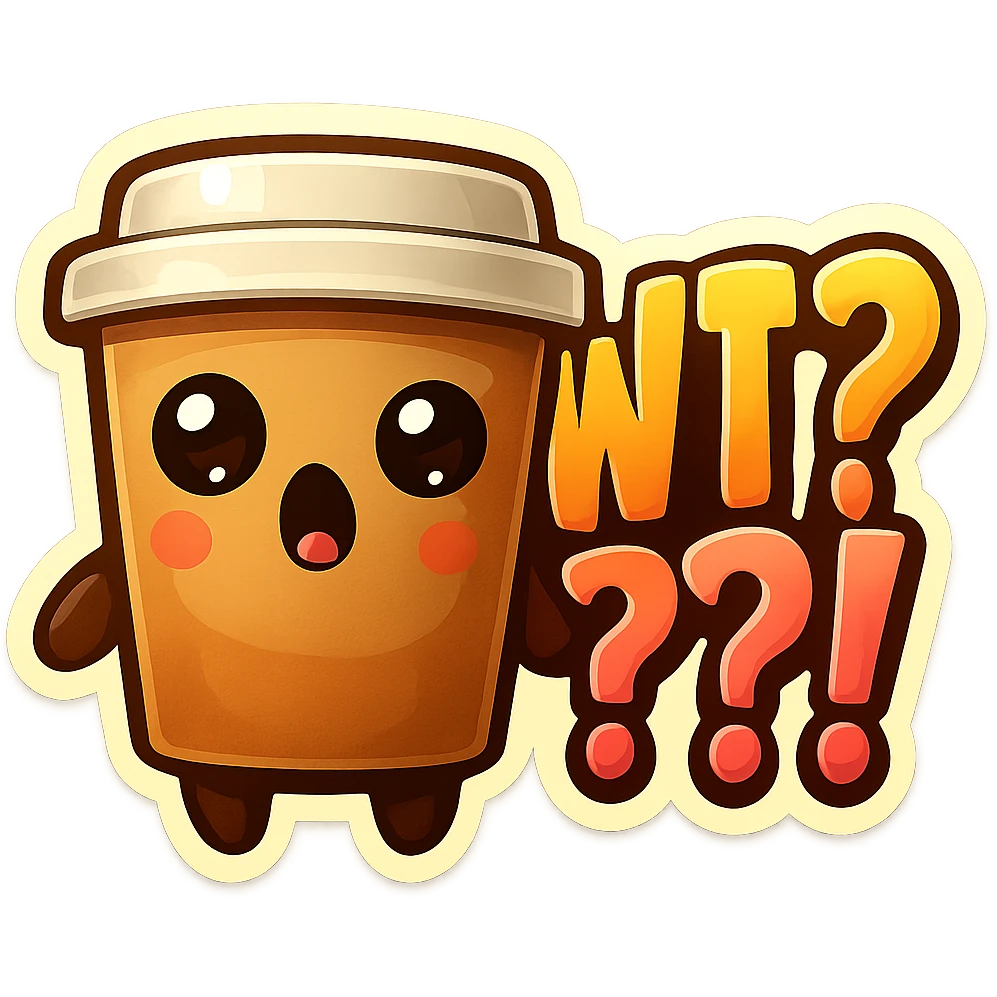 Tall coffee cup, brain blown, big "WTF??!" emoji