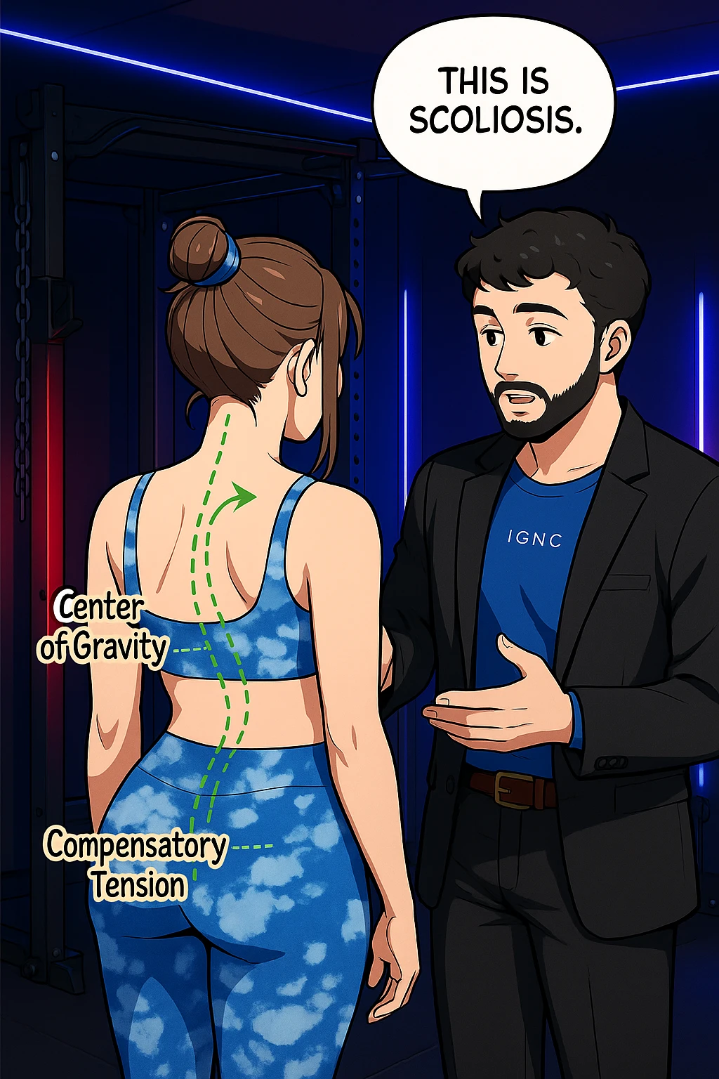 fai questa immagine in versione manga/webtoon a colori, il manga mostra la donna di spalle, mentre l'uomo le tocca la spina dorsale per spiegarle come funziona la scoliosi:
Con una scoliosi il baricentro corporeo cade maggiormente da un lato; per non cadere la schiena compensa accumulando tensione sul fianco opposto.
Il risultato? Si inclina e ruota sempre più, fino a che non cede (discopatie, artrosi, ecc) emoji