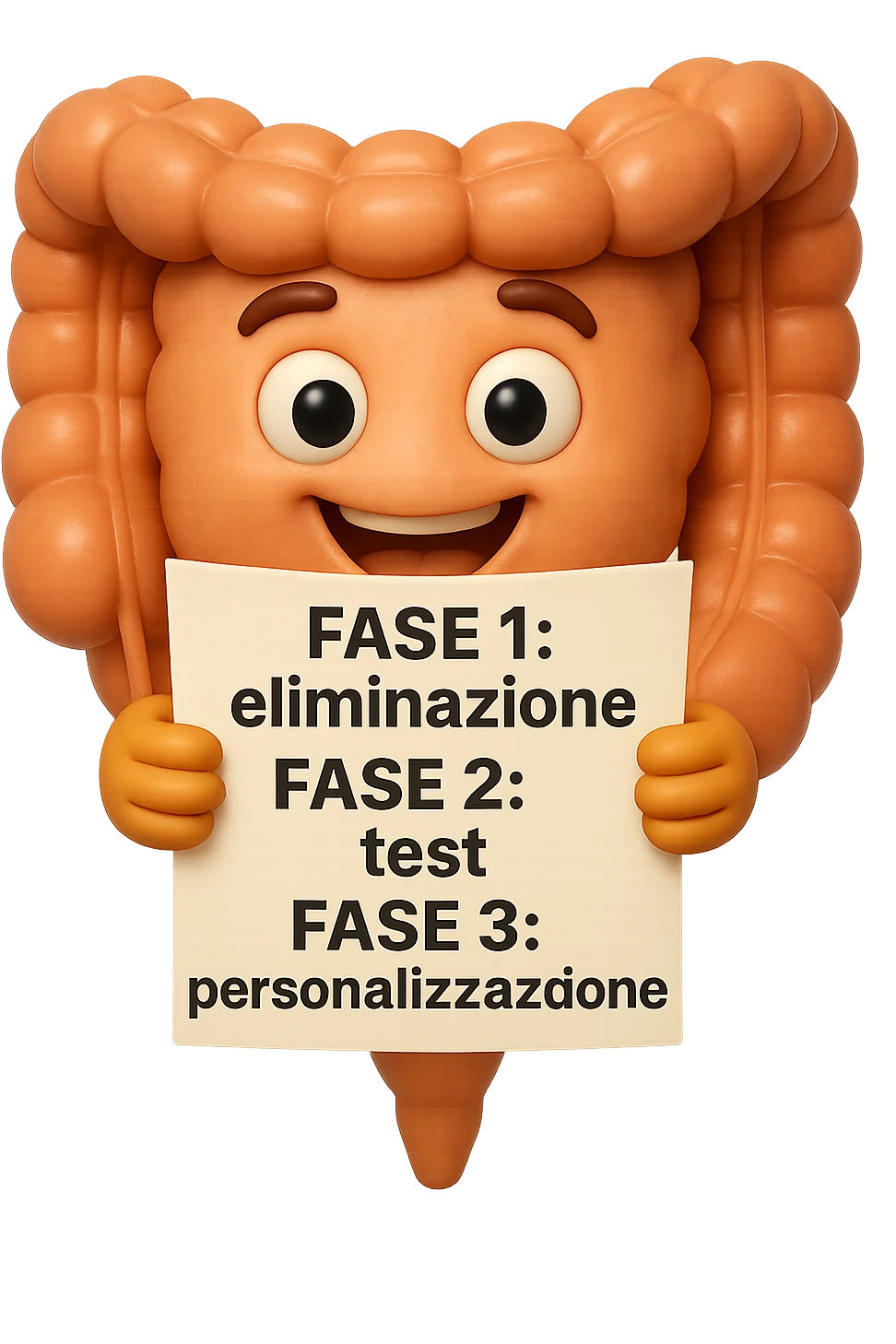emoji stile iphone 3d di un intestino che tiene in mano un foglio con la scritta "FASE 1: eliminazione, FASE 2: test, FASE 3: personalizzazione, IPERREALISTICO 4K emoji