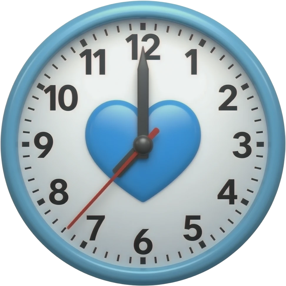 clock, time is 6 in the morning, at the center blue heart emoji