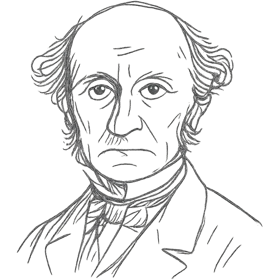 a hand drawn black outline portrait of philosopher John Stuart Mill with similar-sized eyes based a famous portrait of him emoji