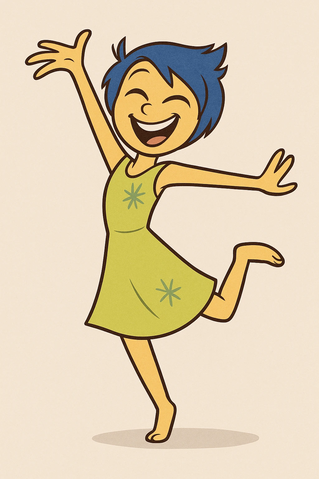 Joy from Inside Out, joyful dancing, bright colors, animated character emoji