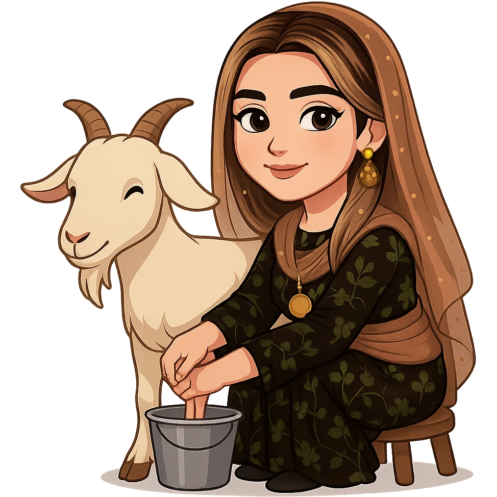 Create a Kurdish cartoon sticker of the same woman in the new dress, milking a sheep or goat. She is sitting on a stool with one hand on the udder and a bucket underneath. The style is realistic and clear cartoon style with no text and a transparent background. emoji