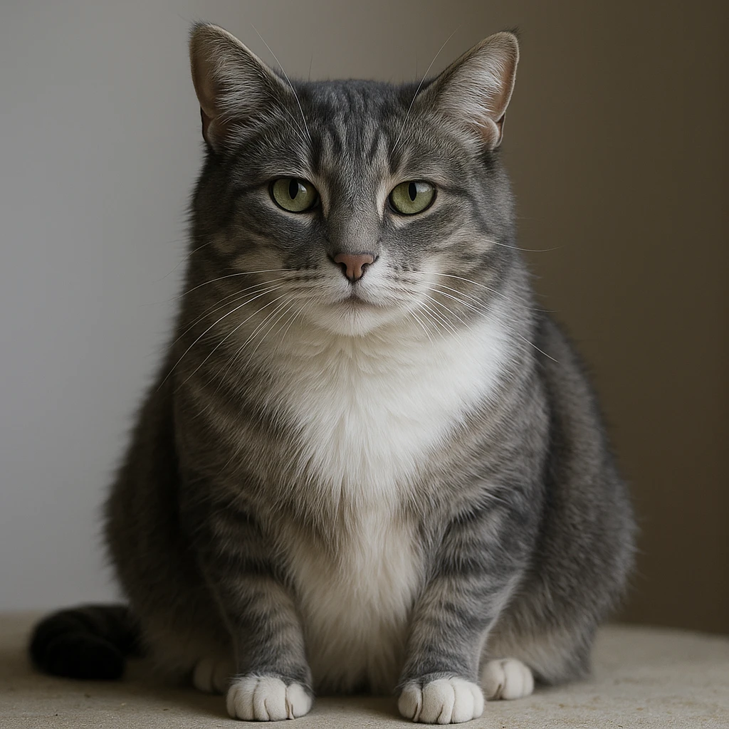 Make the cat in the reference image look more adult-like (not a kitten), a little skinnier, with medium fur length. Keep the grey top, white belly, partly grey and white legs, and white streak up the nose. Render in a realistic style with a gentle expression. emoji