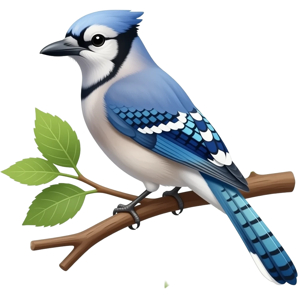 bluejay perched on tree branch with 3 leaves emoji