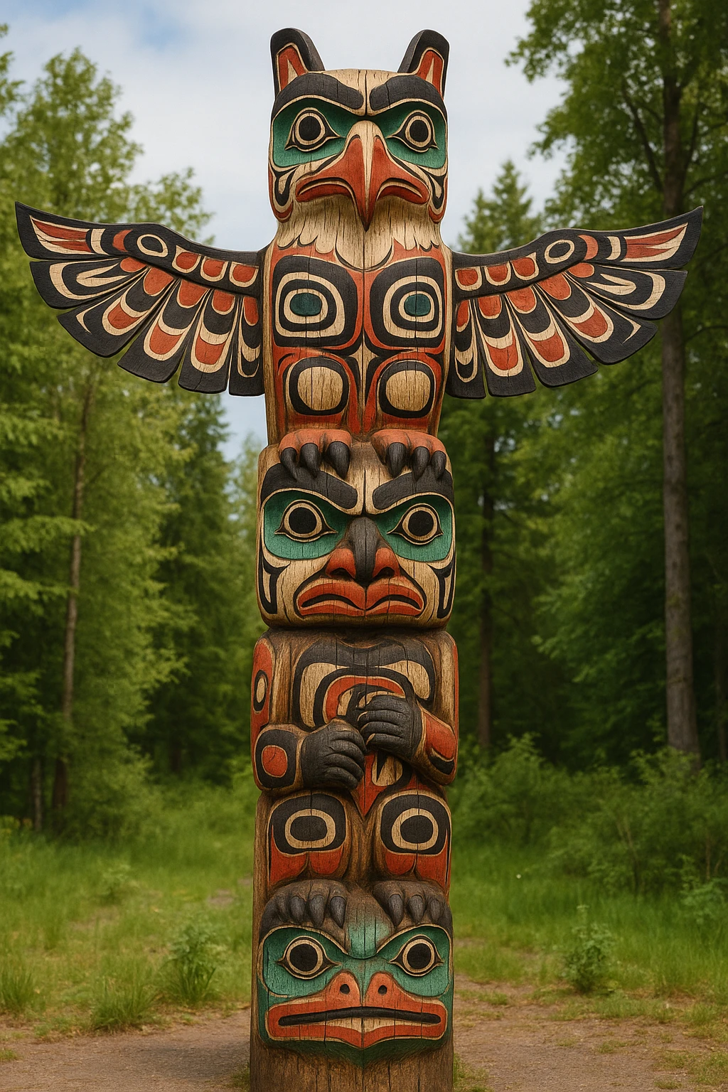 A traditional Pacific Northwest totem pole, carved from a wooden log and featuring stacked animal figures with a prominent eagle at the top. The pole displays bold, colorful tribal patterns in red, black, white, and blue, with geometric and organic designs. The animal carvings are stylized with curved beaks, large eyes, and intricate details. The totem pole stands as a cultural and spiritual monument in a natural outdoor environment, reflecting indigenous artistry and Totemism. emoji