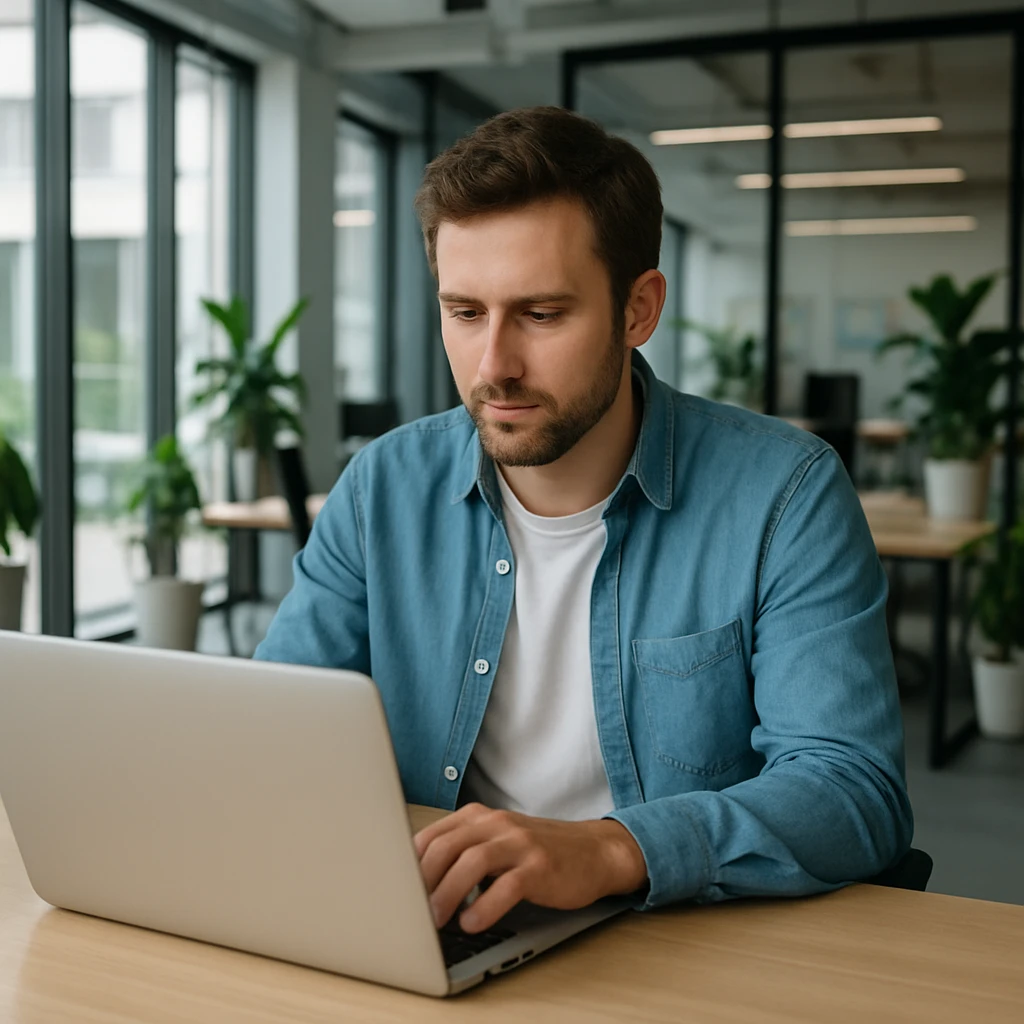 a white man in front of a laptop, modern office setting emoji