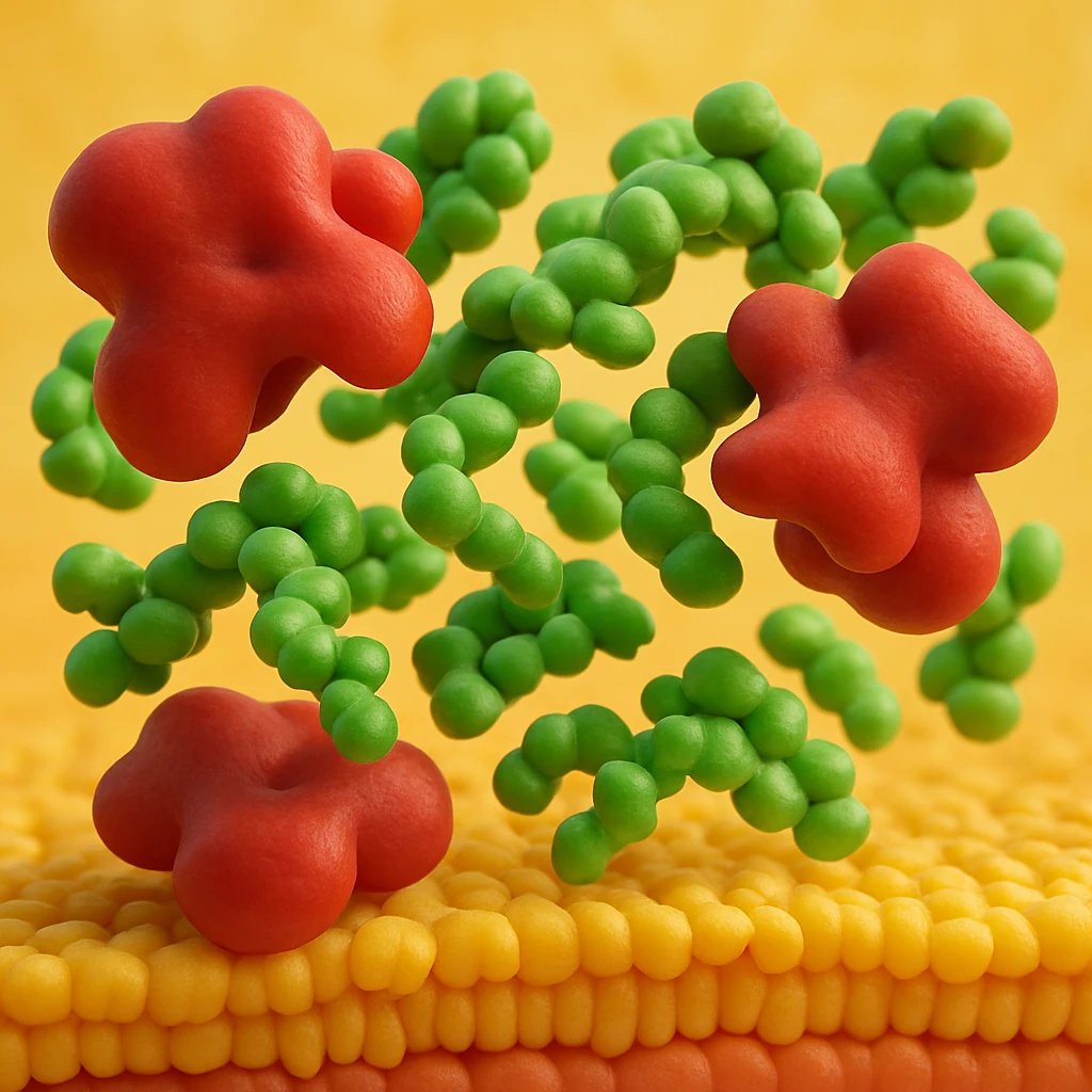 A realistic 3D render and really detailed of enzymes (red) breaking down starch (green) near a cell membrane (yellow). Macro photography style. No labels. emoji